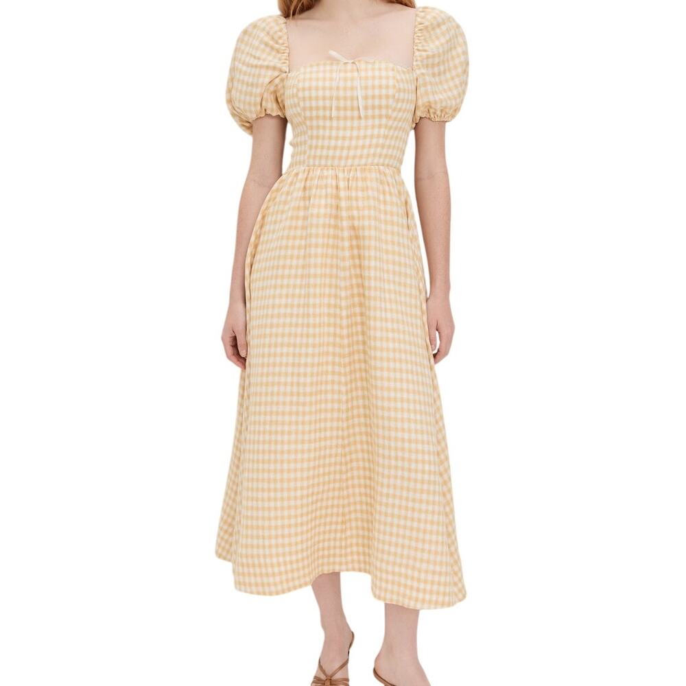 Reformation (6) Marella Linen Gingham Puff Sleeve Maxi Dress Yellow Cottagecore - Picture 2 of 9